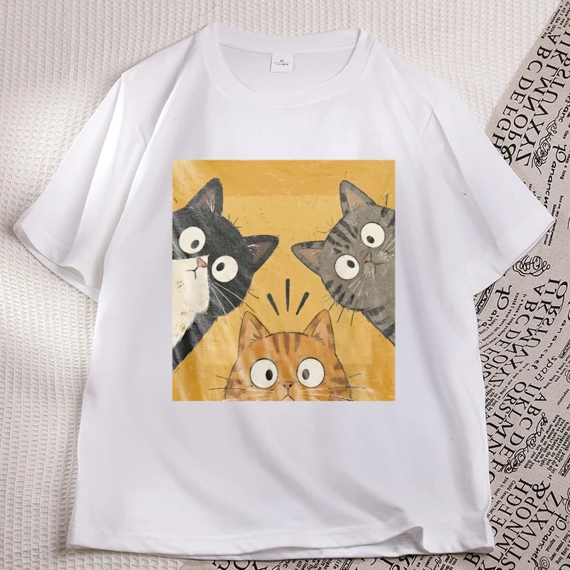 Vintage Funny Curious Cats Graphic Tee Cute Cat Lover T Shirt Casual Round Neck Short Sleeve T-shirts Men Women Clothing