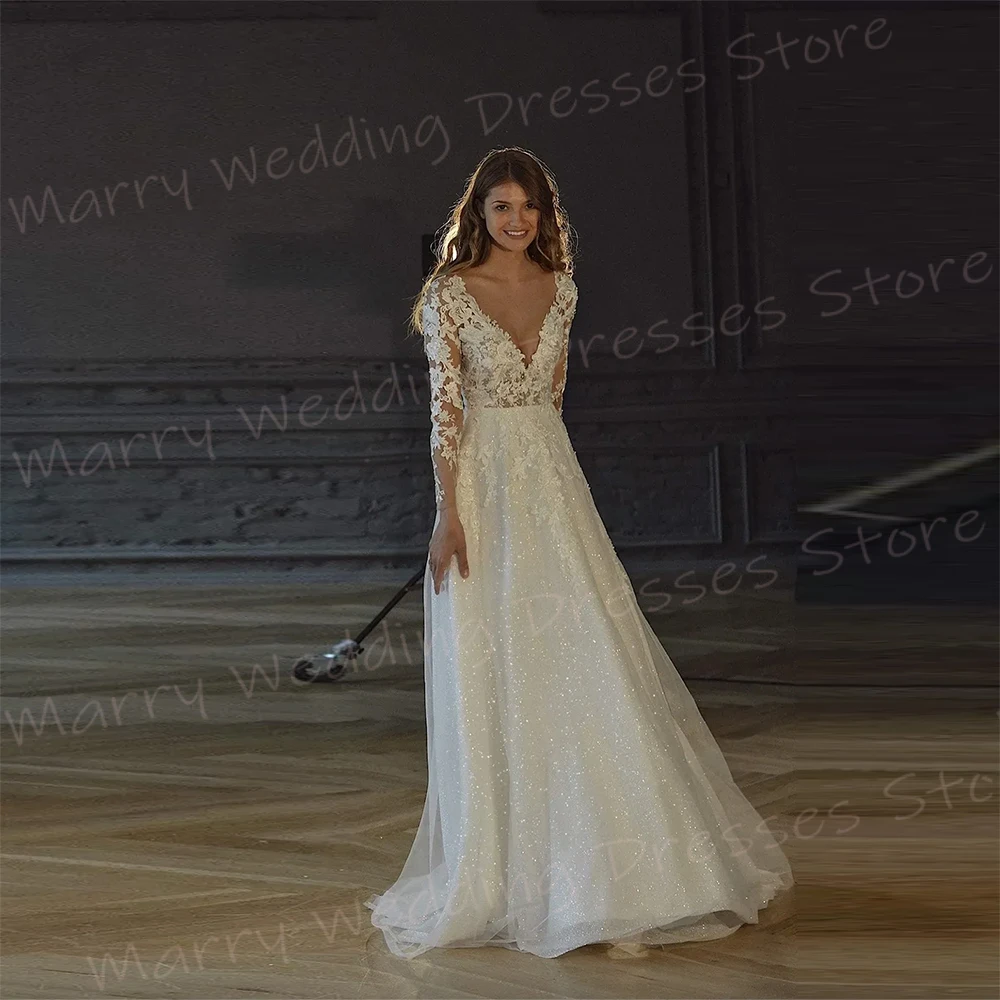 

Graceful Sexy A Line Women's Wedding Dresses Charming Deep V Neck Lace Appliques Bride Gowns Long Sleeve Button Abiti Da Sposa