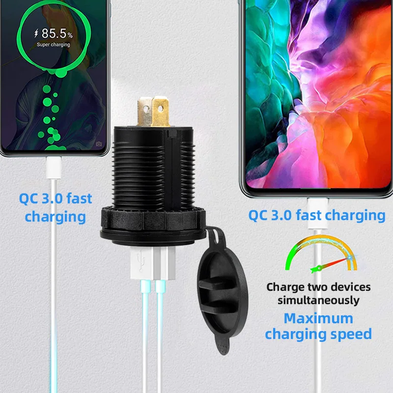 12-24V 36W Quick Charge 3.0 Dual USB Car Charger Socket with Touch Switch Fast Charger Socket Power Outlet for Marine Truck Golf