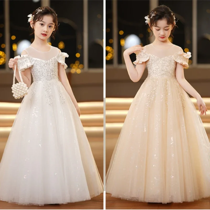 

White Elegant Wedding Long Dresses for Girls Baby Lace Princess Dress Birthday Even Dress Baby Girl's Christmas Clothes 3-12yrs