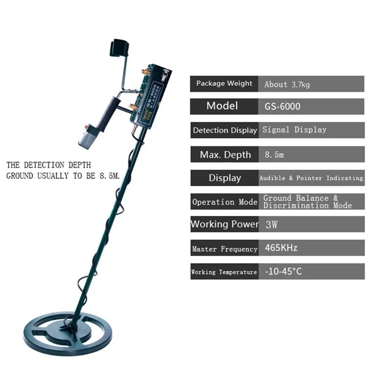 GS-6000 Underground Metal Detector Treasure Gold Silver Copper Hunter Digger Kit Headphone Max Depth 8.5m With LED Screen