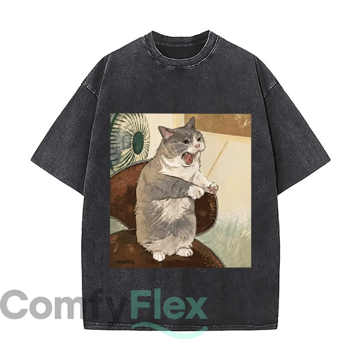 Crying Gray Cat Vintage Illustration Distressed Faded Baggy Streetwear Tops for Park Hangouts