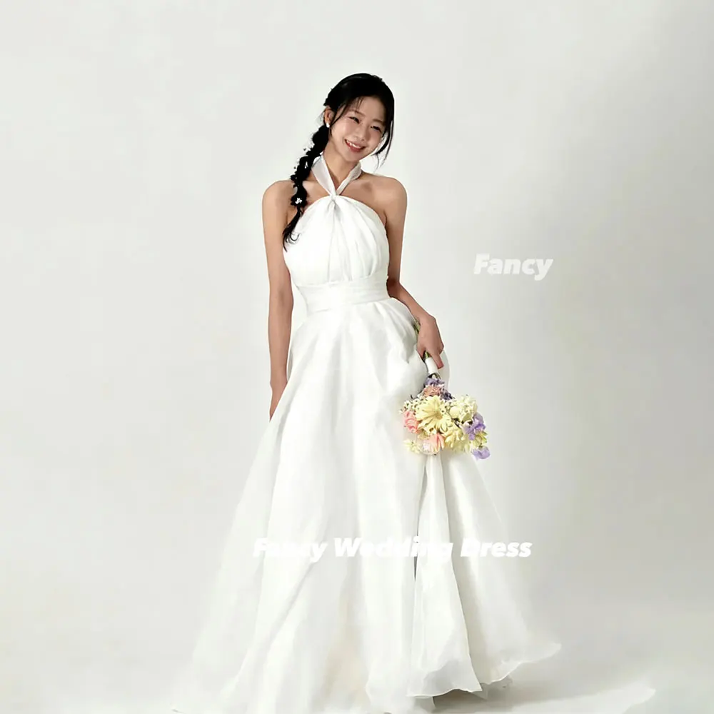Fancy  Elegant Halter Wedding Dresses Korea Photos Shoot for Women A Line Customized Organza Corset Formal Wedding Party Dresses