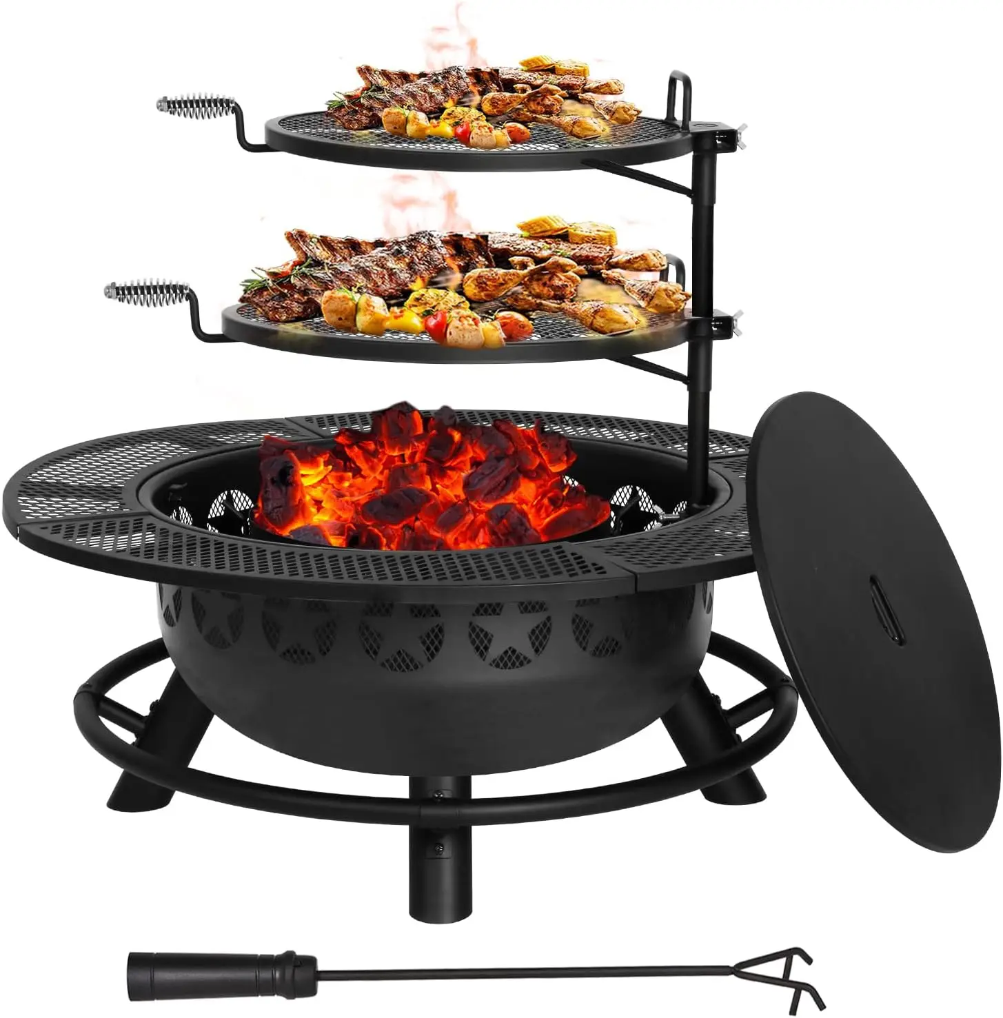 35 Inch Fire Pit with 2 Cooking Grate & Charcoal Pan, Outdoor Wood Burning BBQ Grill Firepit Bowl with Cover Lid, Steel Round