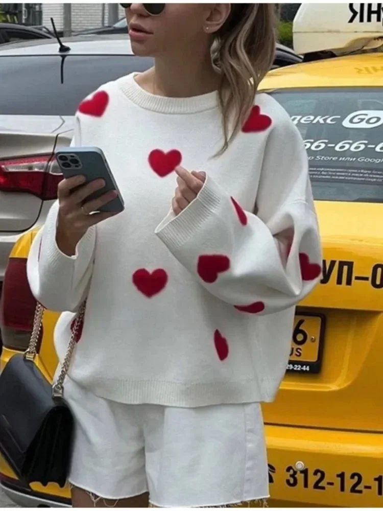 Love Embroidery Knit O-neck Women Pullover Lantern Sleeve Oversized Loose Cute Casual Sweater 2023 Autumn Chic Elegant Knitwears