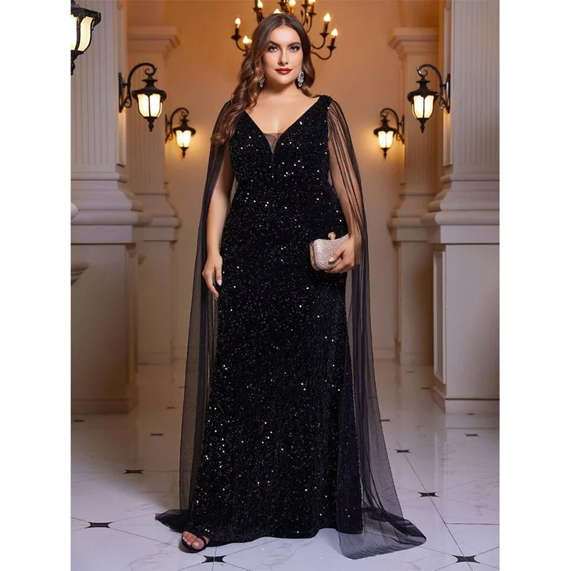 Plus Size Off-Shoulder Mesh Shawl Stretch Sequin Black Long Evening Dress 5xl 6xl Big Size Sleeveless Loose Sequin Evening Dress