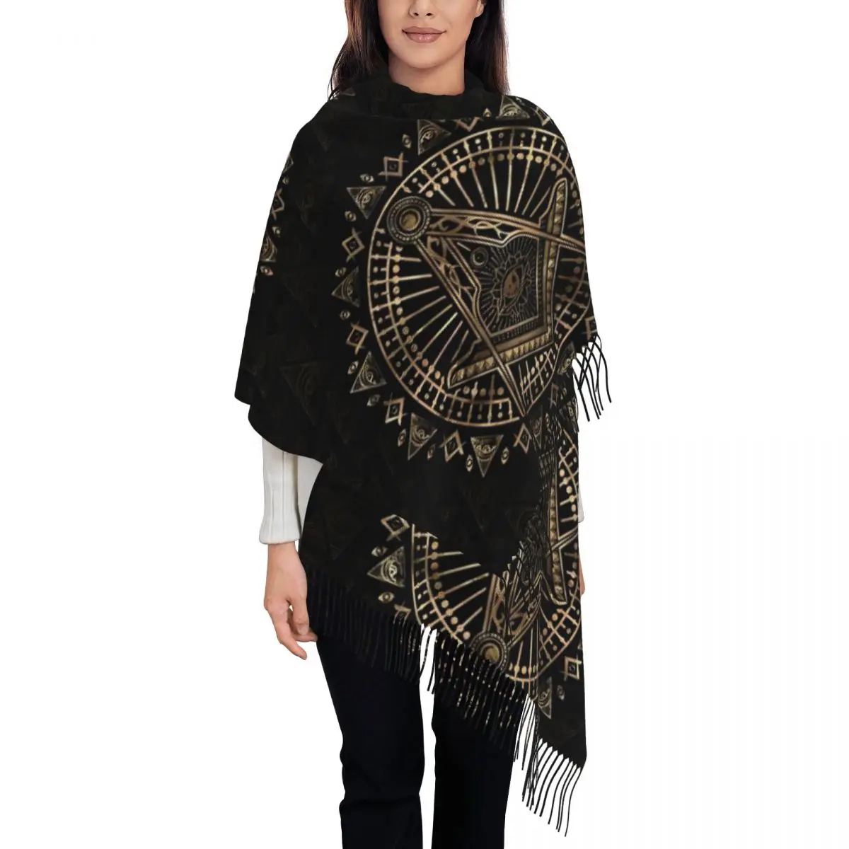 Womens Scarf with Tassel Freemasonry Symbol Square And Masonic Compasses Long Super Soft Shawl Wrap Gifts Pashmina Scarves