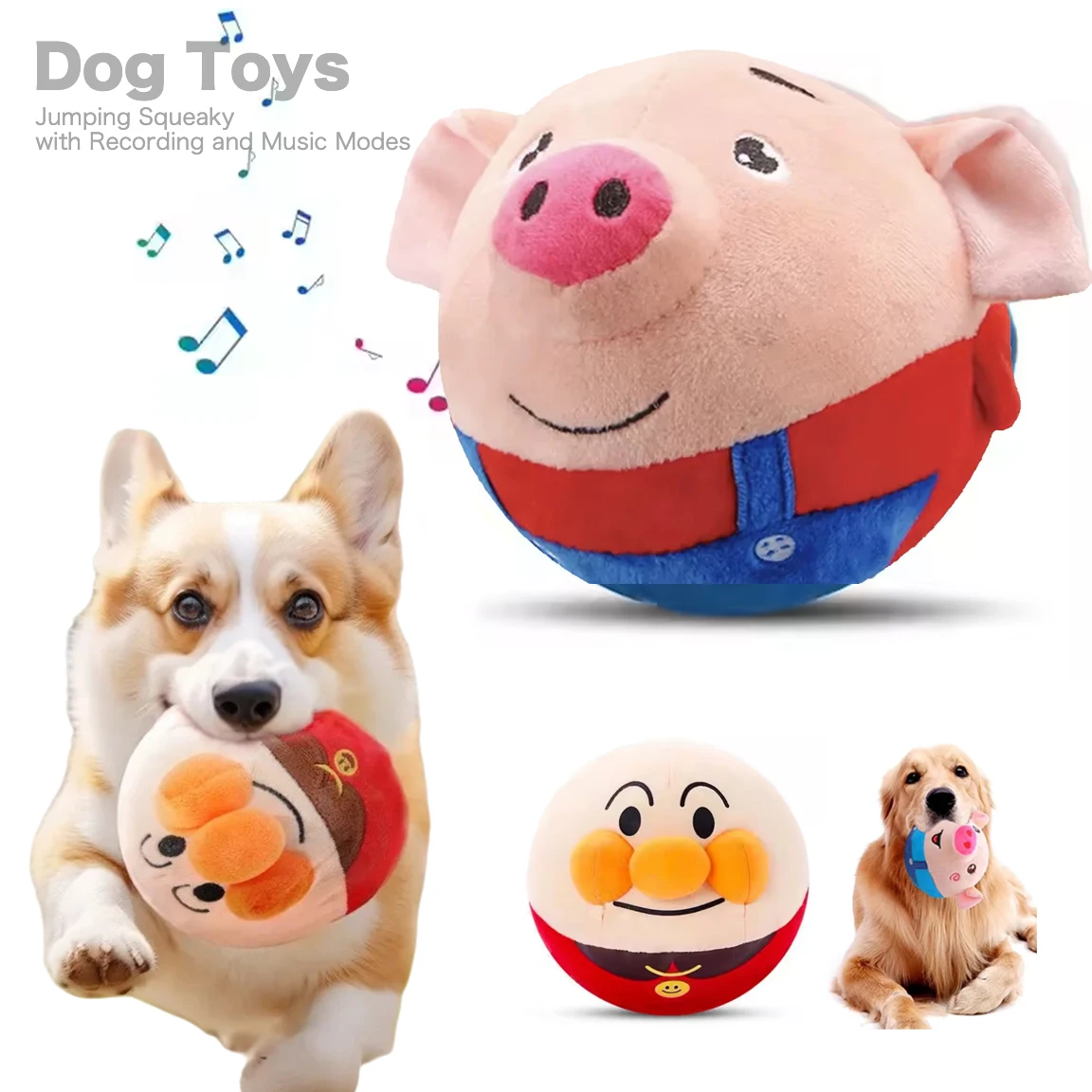 

Smart Plush Interactive for Small Dog Toys Pet Pig Jumping Squeaky Ball with Recording & Music Modes Chew Molar Dogs Accessories