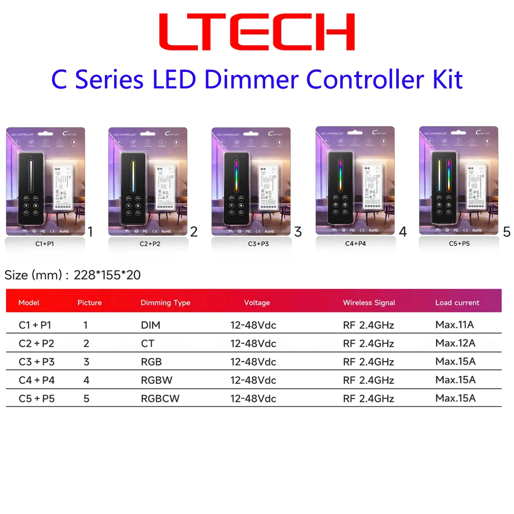 LTECH Series Single Zone DIM CT RGB RGBW RGBCW LED Color Controller Kit 2.4G Wireless RF Control C1+P1 C2+P2 C3+P3 C4+P4 C5+P5