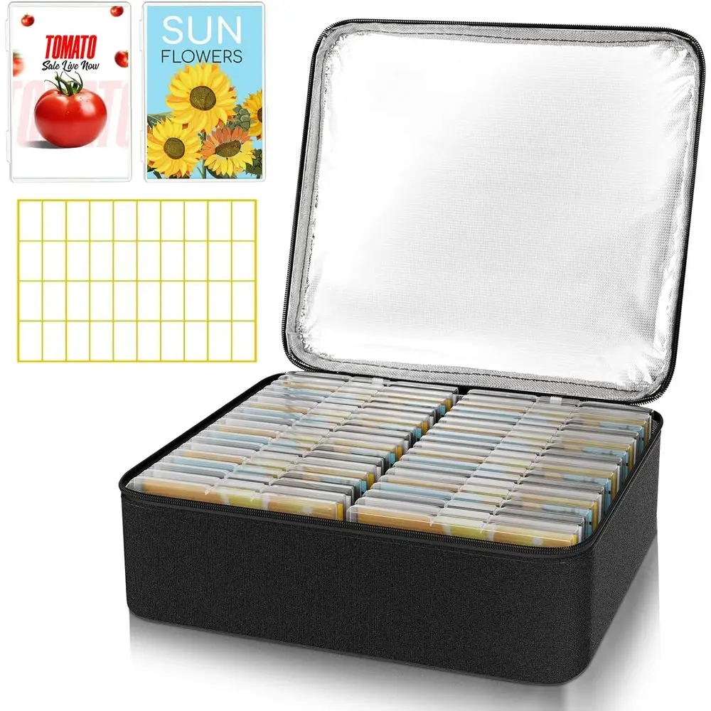 Seed Storage Organizer Box with Insulated Bag Holds 80-200 Seeds, Cloth Garden Seed Containers with Labels, Seed Packet Organize
