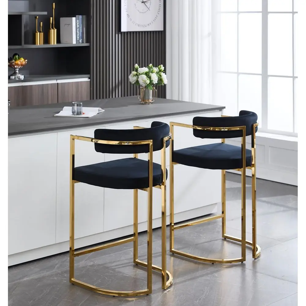 

Velvet Bar Stools Set of 2, 26 Barrel Counter Height Barstools with Gold Legs Hollow Back Upholstered Island Chairs for Kitchen