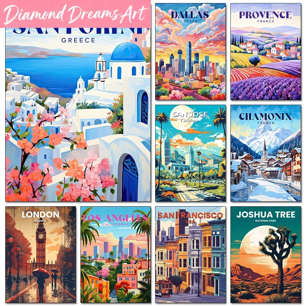 Frameless，DIY Beautiful Travel City Posters Diamond Painting World Famous Scenic Spots Mural Modern Home Wall Art Decor New Arri