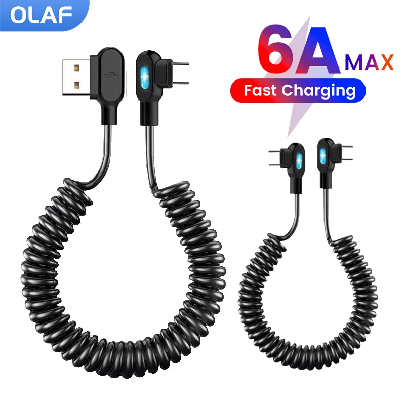 

6A Elbow Spring Data Cable Retractable USB C To Type C Fast Charging Cable for Samsung Huawei Xiaomi Phone Charger Wire Cord