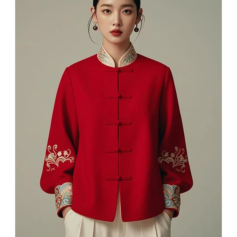 

Red Chinese Style Coat for Women Long Sleeve Vintage Chic Autumn Jacket Printed Frog Button Christmas New Year Fashion Top