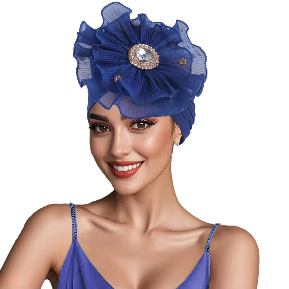 Amazon New Side Ruffle Large Flower Decor Solid Turban Hat, African Headwrap Cap Cross Border