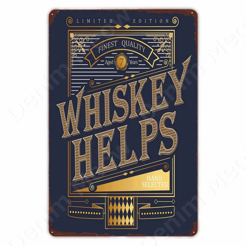 Vintage Aluminium Whiskey Helps Text Tin Sign, Dark Blue Gold Vintage Label Wall Decor for Bar & Man Cave Home