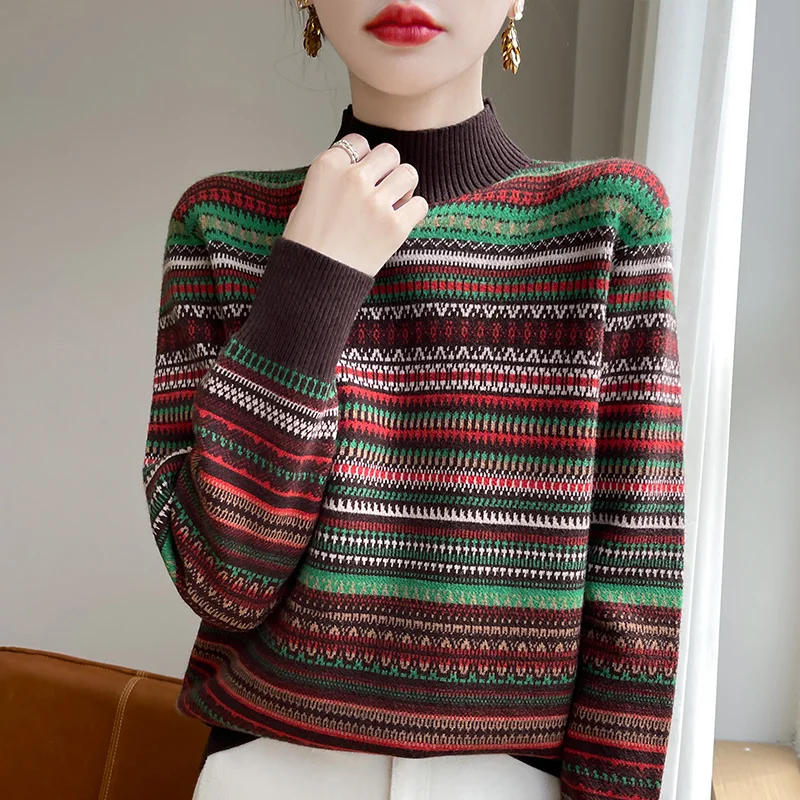 Autumn and winter new 100% pure wool women's semi-turtle neck loose casual striped slim knitted cashmere sweater.