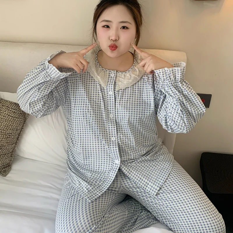 

Корейский стиль, повседневный комплект пижамы с кружевом и клетчатым узором для женщин больших размеров, простой весенний новый комплект 2026 года из двух предметов, одежда для сна, пижама оверсайз