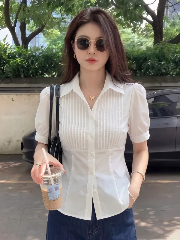 

Elegant V-Neck Short Sleeve White Shirt Women's Fashion Korean Style plus Size Slim Fit Top Commute Wind Summer New Arrival