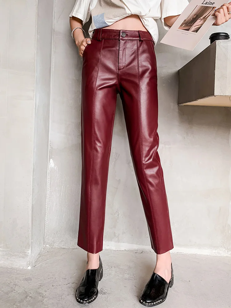 Women's Genuine Sheepskin Ankle Length Pencil Pants, OL Casual Leather Pants, Female Pencil Pants, Spring and Autumn