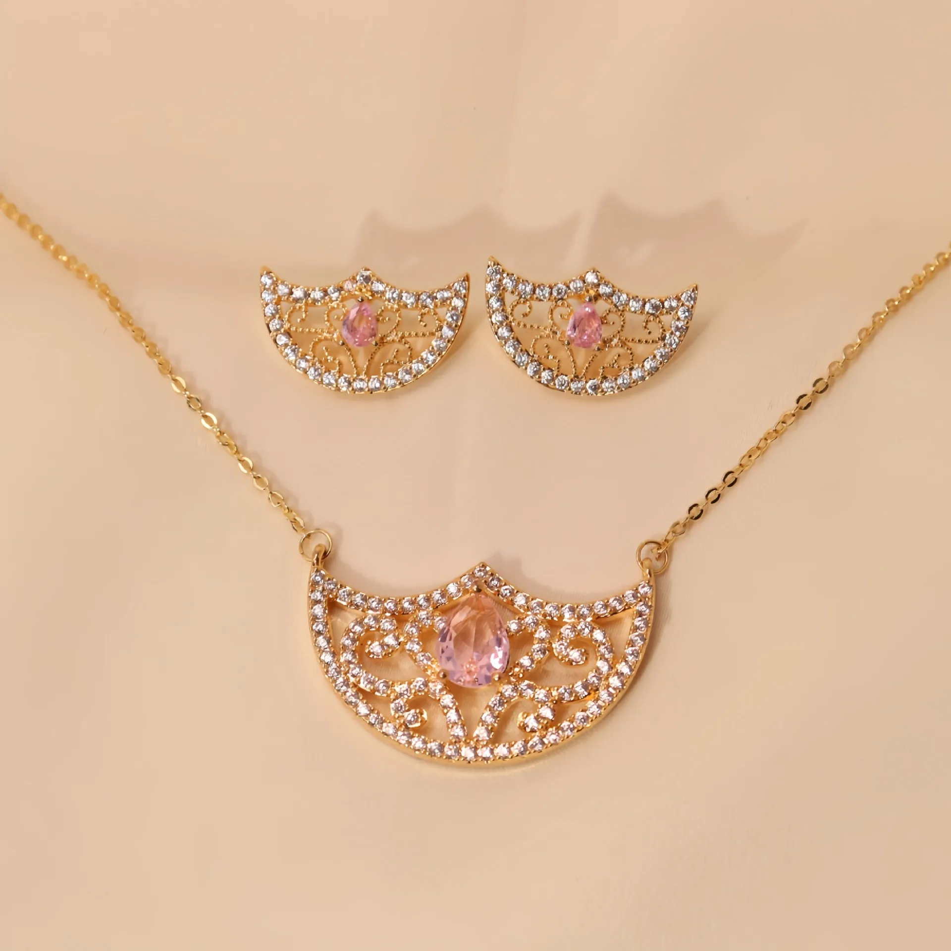 Classic Moon Charms Pendant Chain Choker Necklace Earring Cubic Zirconia Jewelry Set For Women Wedding Party