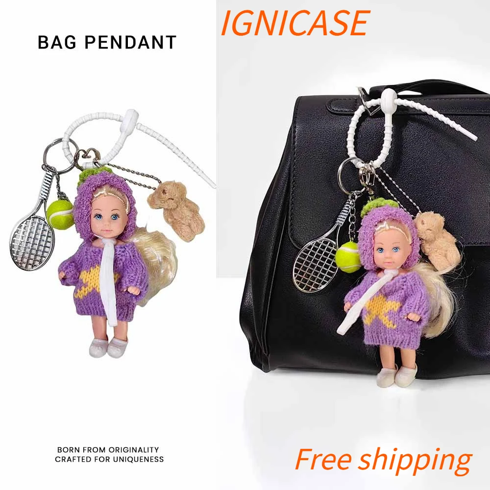 IGNICASE New Korean Cute Eggplant Headgear Doll Pendant Tennis Bear Keychain Girls Bag Pendant Fashion Luggage Accessories