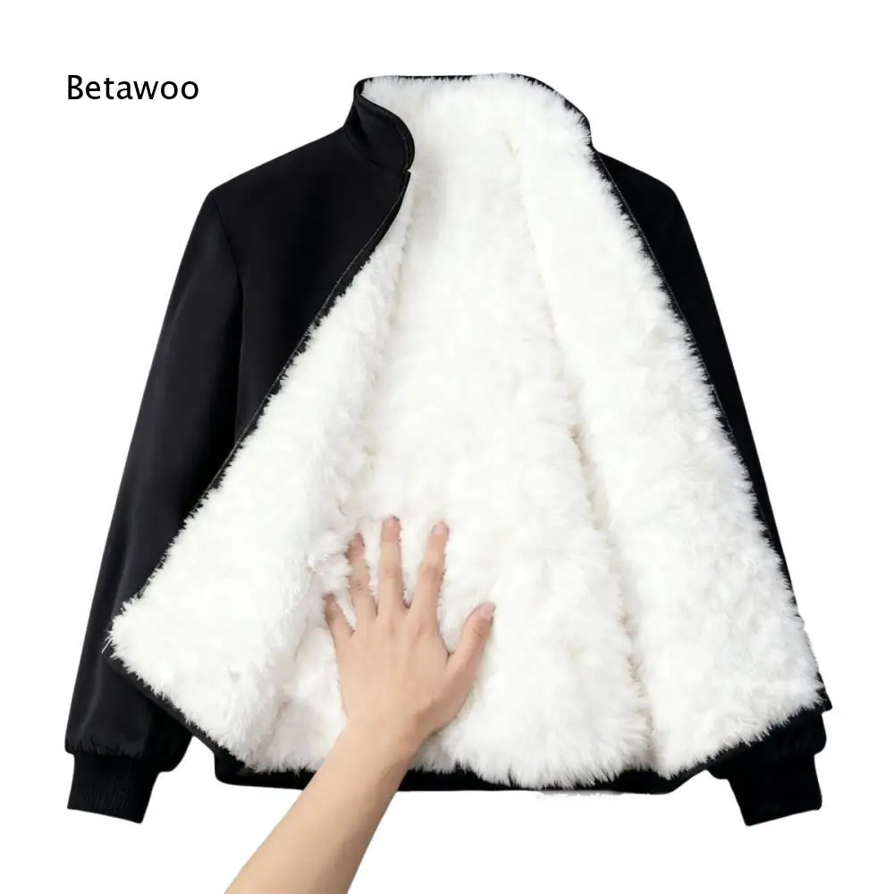Thick Warm Winter Outerwear For Men Full Faux Fur Inner Lining Stand Collar Zip Front Rib Cuff Loose Silhouette Casual Jacket