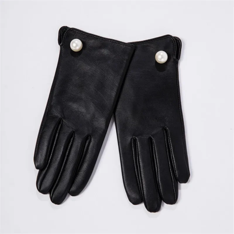 Women's Ladies 100% Real Leather Sheepskin Winter Warm Gloves Big Pearls Design Female Touch Screen Gloves Mittens