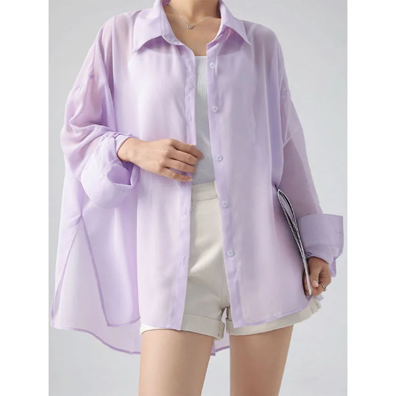 

Women Summer Oversize Chiffon Shirts Korean Fashion Long Sleeved Purple Blouse Ladies Versatile Loose Sun-proof Cardigan Shirt
