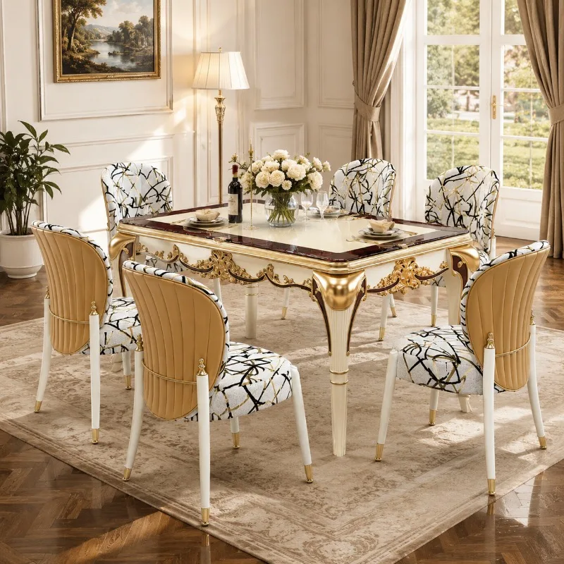 European Classical Royal Style 1.6m Dining Table & Chair Set Restaurant Furniture Cushioned Seats Eco-Friendly Commercial Use