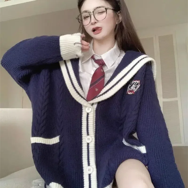 Preppy Style Sweater Cardigan Women Students Autumn and Winter New Design Hole Loose Navy Collar Knitted Tops Female