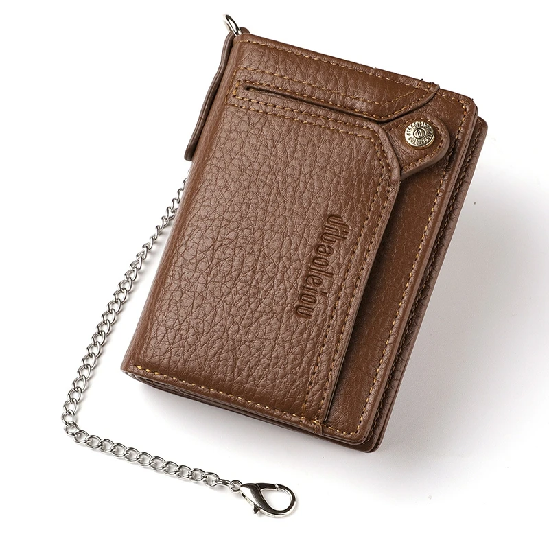 Men PU Leather Short Wallet With Chain Zipper Clutch Wallet Male Short Trifold Purse Card Holder Change Coin Purse