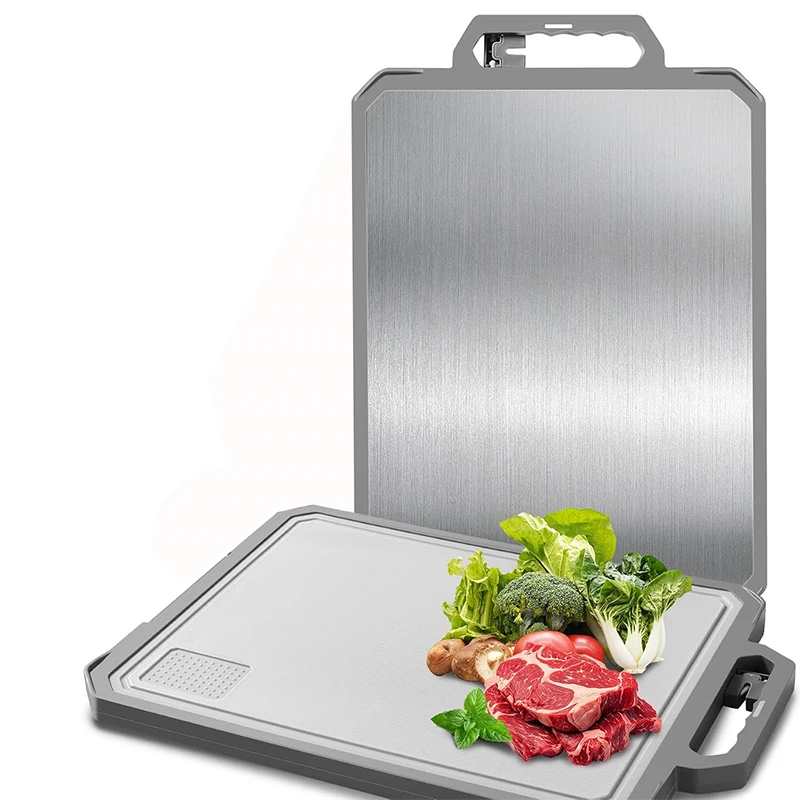LMETJMA Large Stainless Steel Chopping Board Non Toxic Double-Sided Metal Cutting Board with Ceramic Sharpener For Kitchen JT506