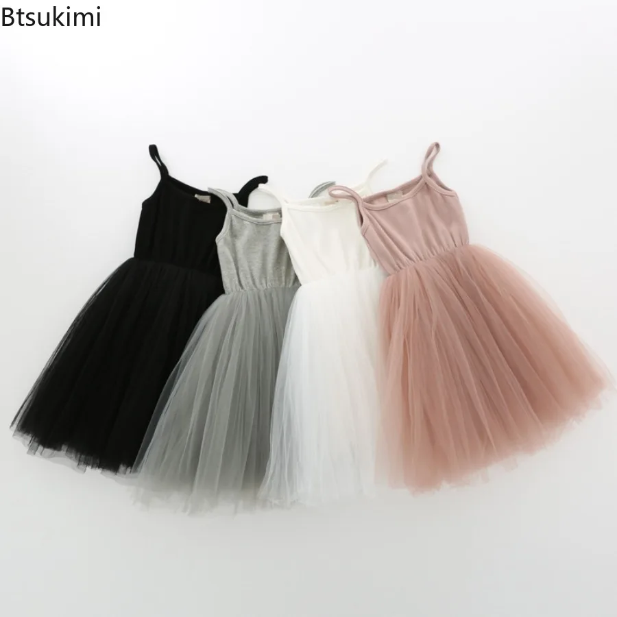New Summer Essentials Kids Little Girls Dresses Suspender Sleeveless Casual Tutu Outfits Children Lace Mesh Birthday Party Dress