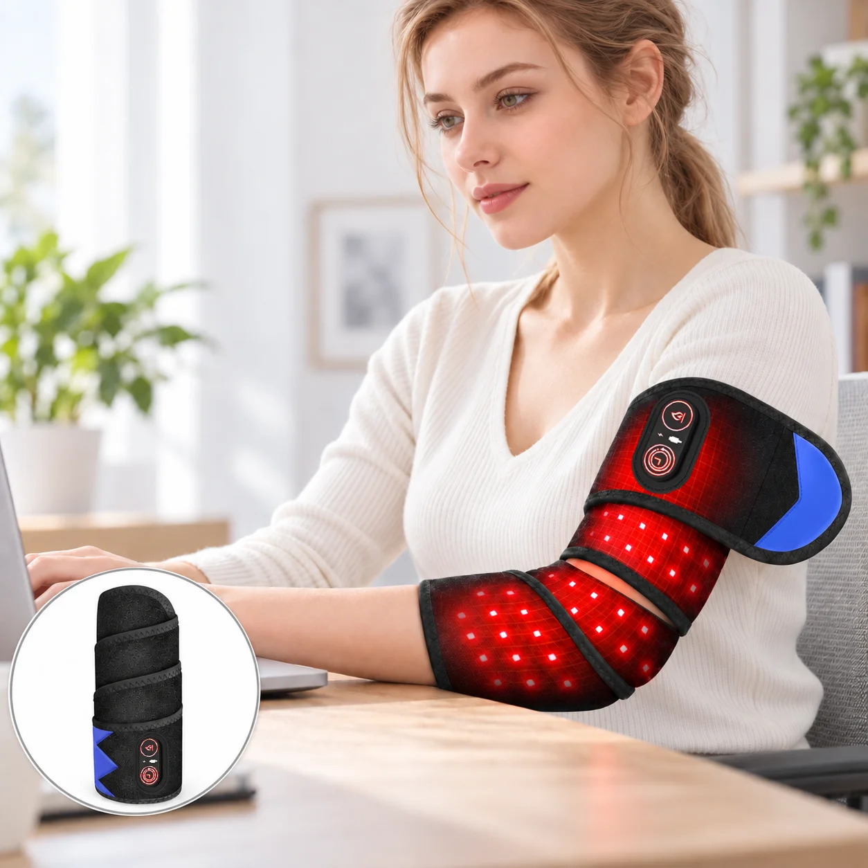 Red Light Heated Elbow Wrap for Upper Arm and Forearm, Adjustable Long Arm Heating Pad with 3 Heat Levels and 3 Timer Settings