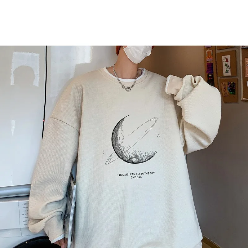 Spring Autumn Men\'s Pullover Letter Geometric Pattern Printed Lantern Long Sleeve Sports Casual Hoodies T-shirt Fashion Tops