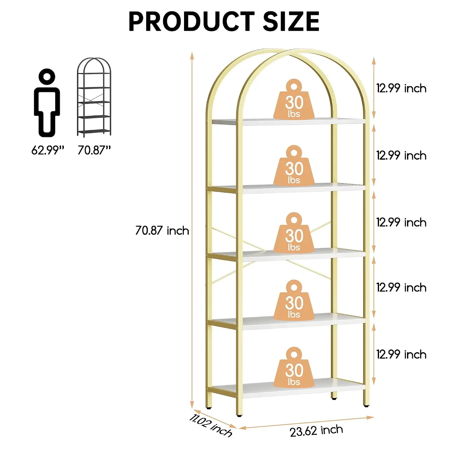 5-Tier Arched Bookcase Tall Metal Frame Display Shelf Marble Finish Living Room Bedroom Office, Customized