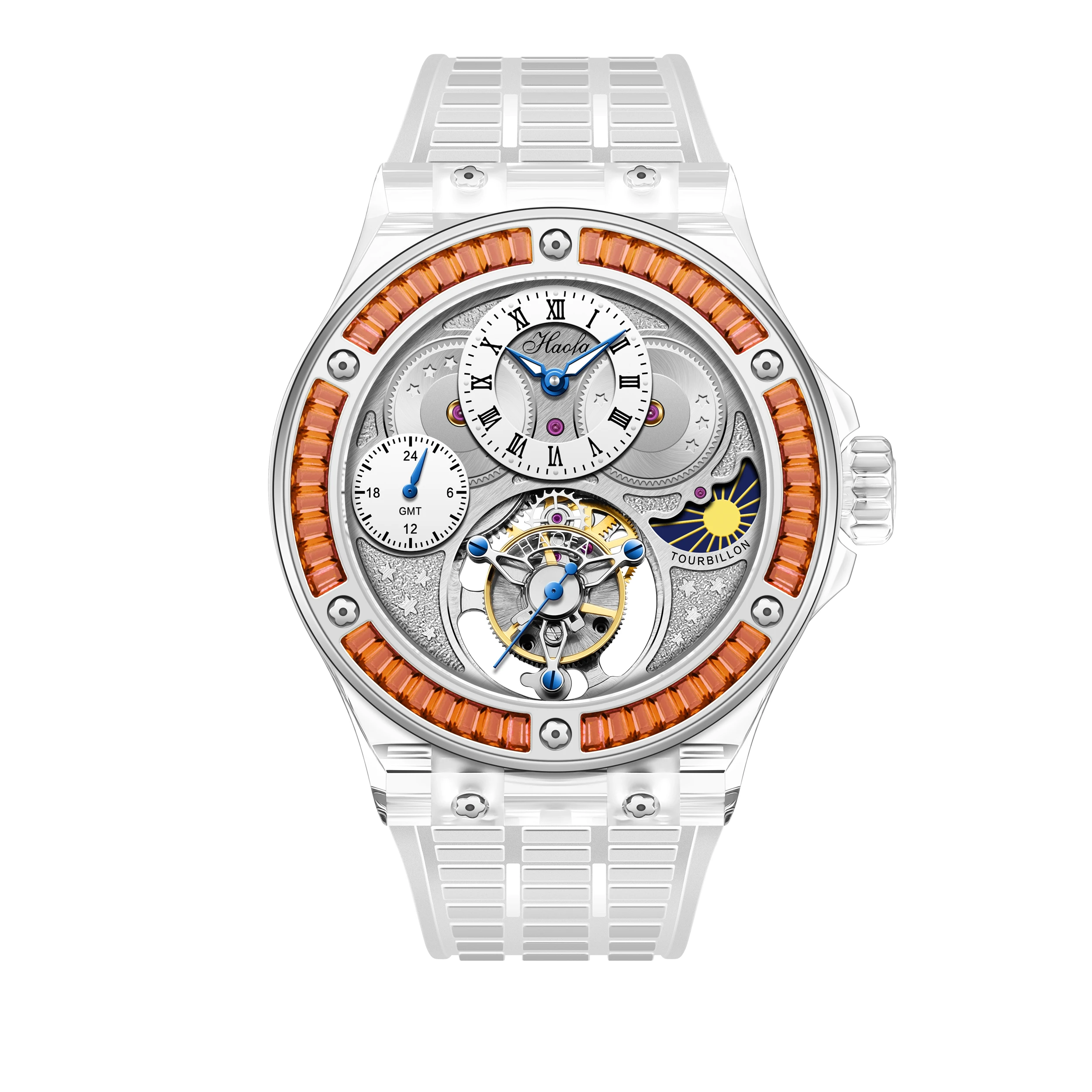 Haofa K9 Crystal Tourbillon Watch for Men GMT Manual Mechanical Movement Sapphire Wristwatch Diamond-set Bezel Waterproof 2101-1