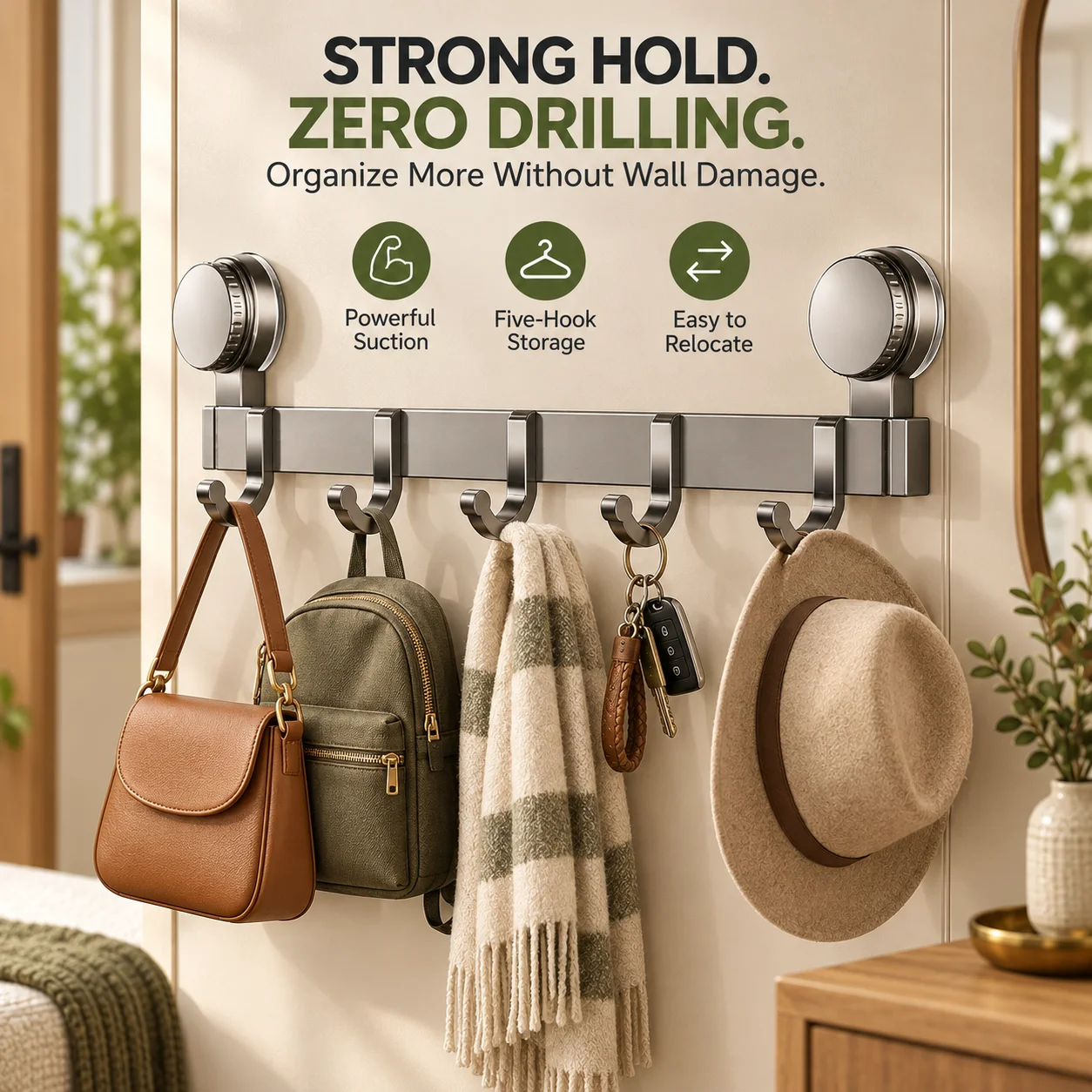 Suction Cup Hook Heavy Load Bearing Multi Hook Door Hanger Clothes Storage Organizer Door Hook Punch-free Wall Mount Row