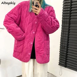 Corduroy Thicker Parkas Women V-neck Solid Fashion Korean Style Winter Cold Wear Coats Students All-match Streetwear Newest Chic