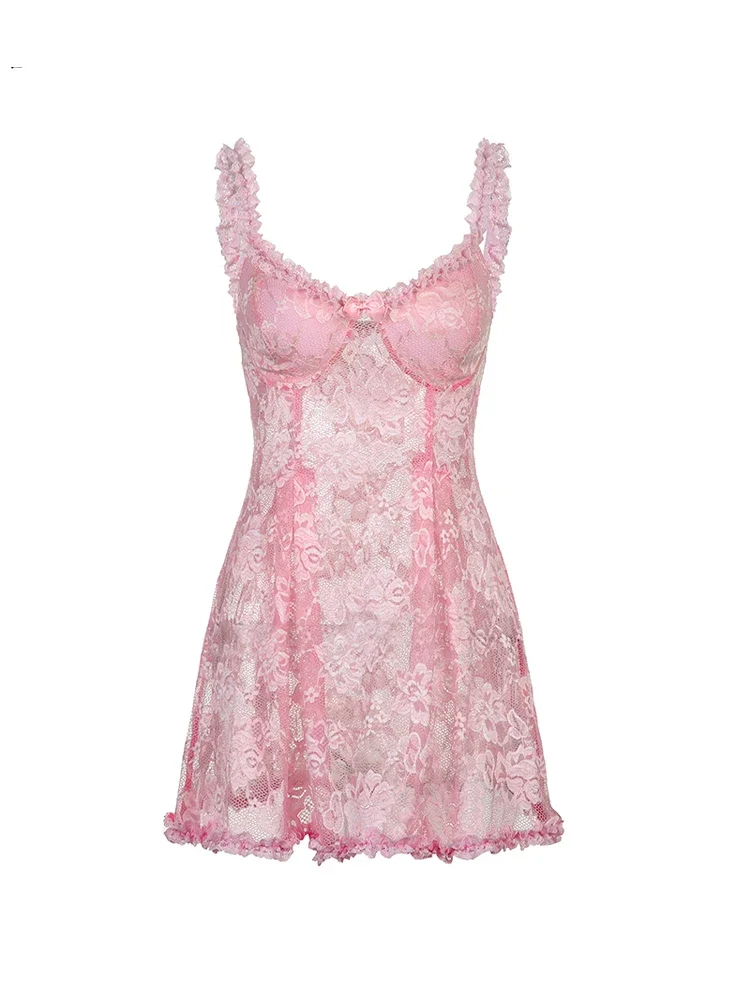 Süße süße Spitze Cami Kleid sehen durch sexy schlanke ärmellose Rüschen Bogen A-Linie Mini kleider für Frauen Sommer Frühling Dame