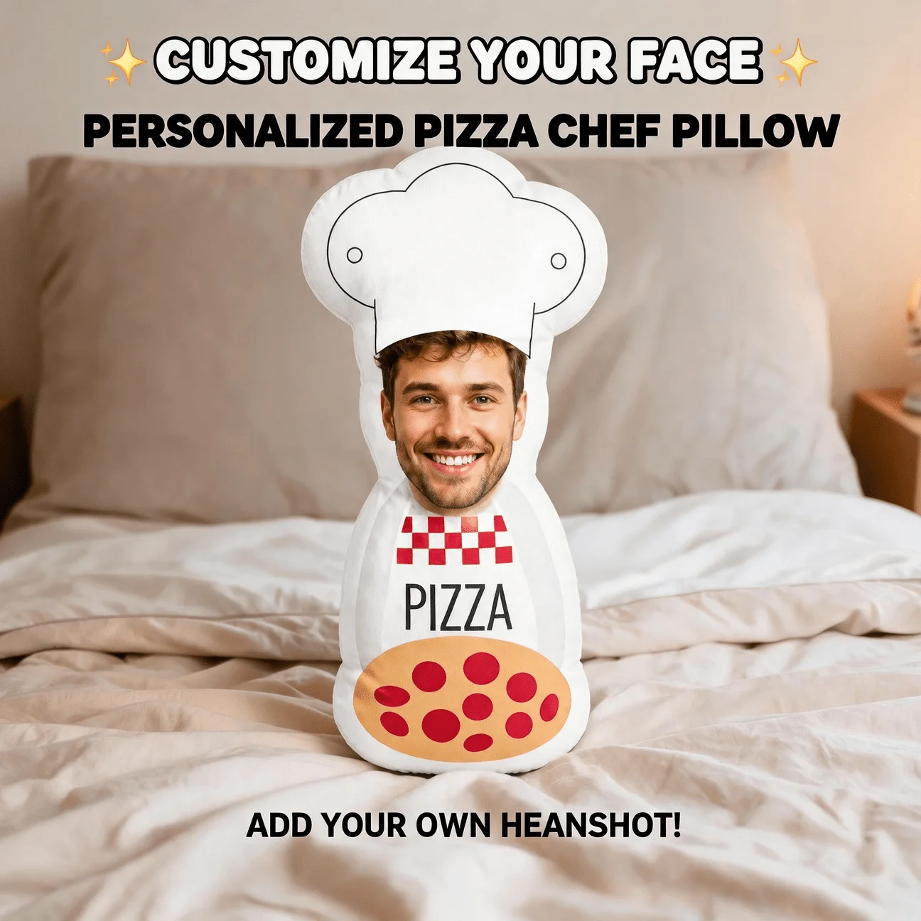 Custom Personalized Photo Chef Face Pillow, Funny Pizza Apron Custom Shaped Decorative Cushion, 70cm Home Decor Accent for Sofa