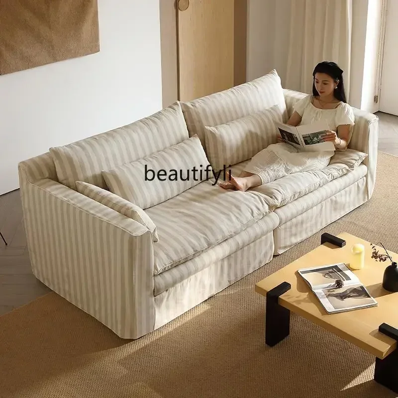 

PG46Wabi sand sofa living room cream wind straight row removable and washable striped cotton and linen fabric sofa