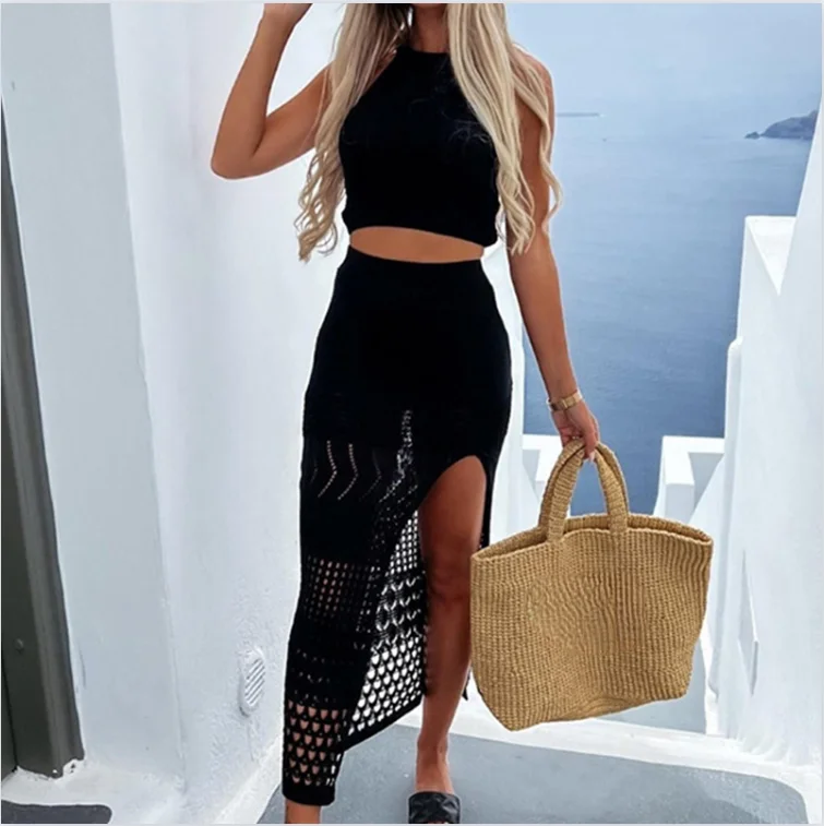 New Style Knitting Solid Color Tank Top Texture Slit Dress Ladies Beach Sunscreen Dress Suit Hollow Out Beachwear Cover Up