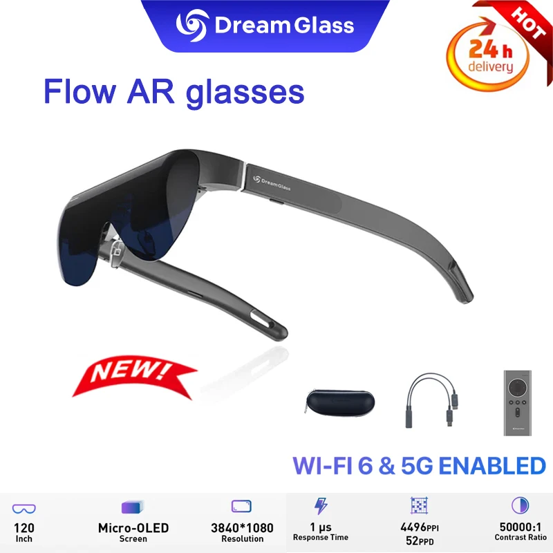 Dream Glass Flow AR Smart 3D Glasses 4K 3D HD 120'' Large Screen Glasses for PlayStation Xbox PC and Smartphones Game Projector