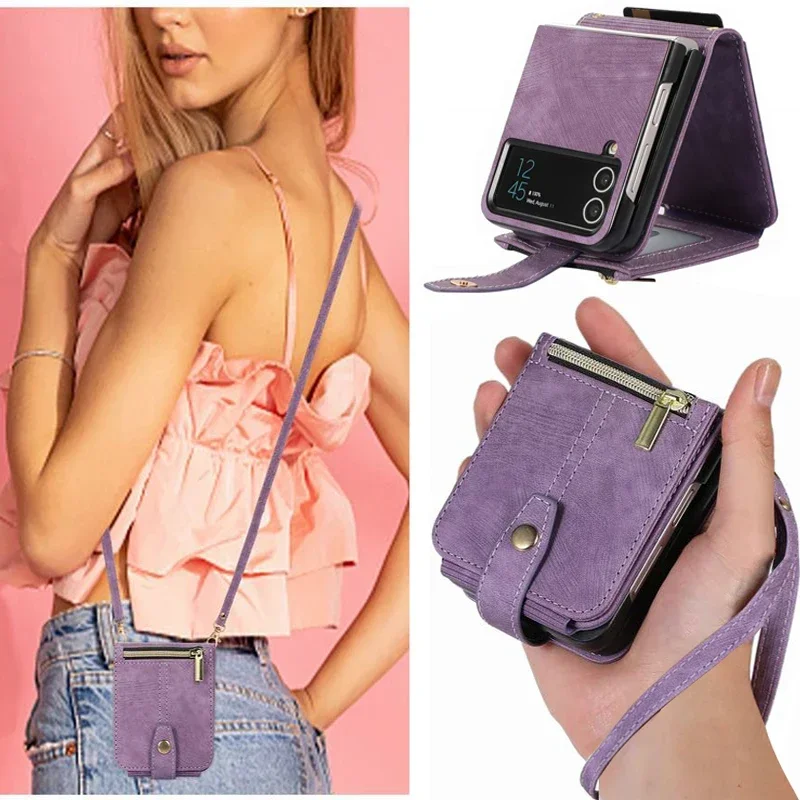 Leather Crossbody Case For Samsung Galaxy Z Flip 4 5 Cover Cross Body Strap Elegant Wallet Card Holder Capa For Samsung Z Flip 3