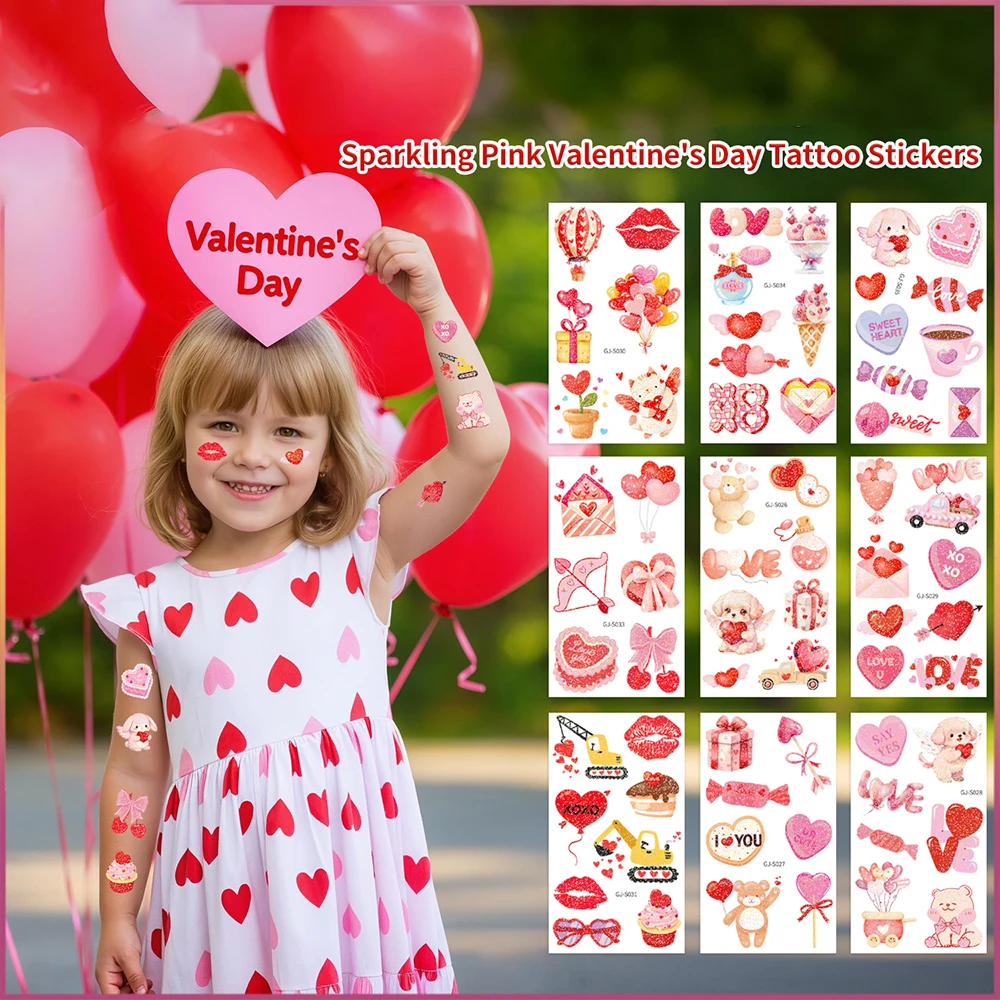 

Cartoon Bear Dog Pattern Tattoo Stickers Shiny Heart Balloons Love Lips Kiss Temporary Fake Tattoos Valentine's Day Decoration