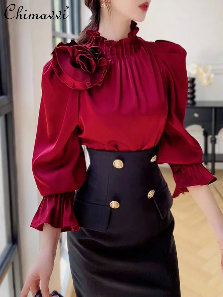 French Fashion Stand-up Collar Burgundy Shirt Top New 2024 Autumn Commuter Slim-fit Temperament Blouse Women Blusas Mujer