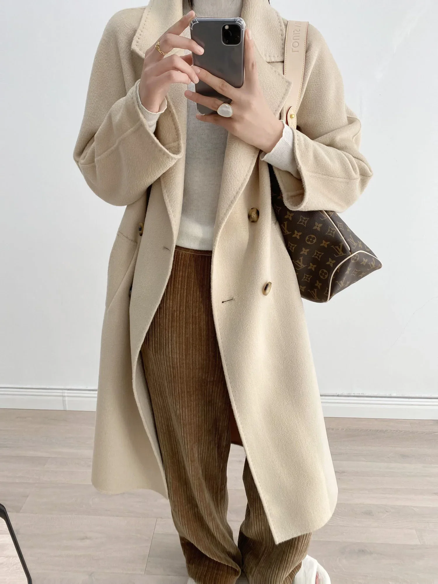 MAX Handmade Double Sided Cashmere Wool Water Ripple Women Coat Female Korean Double Breasted Long Woolen Coat for Women