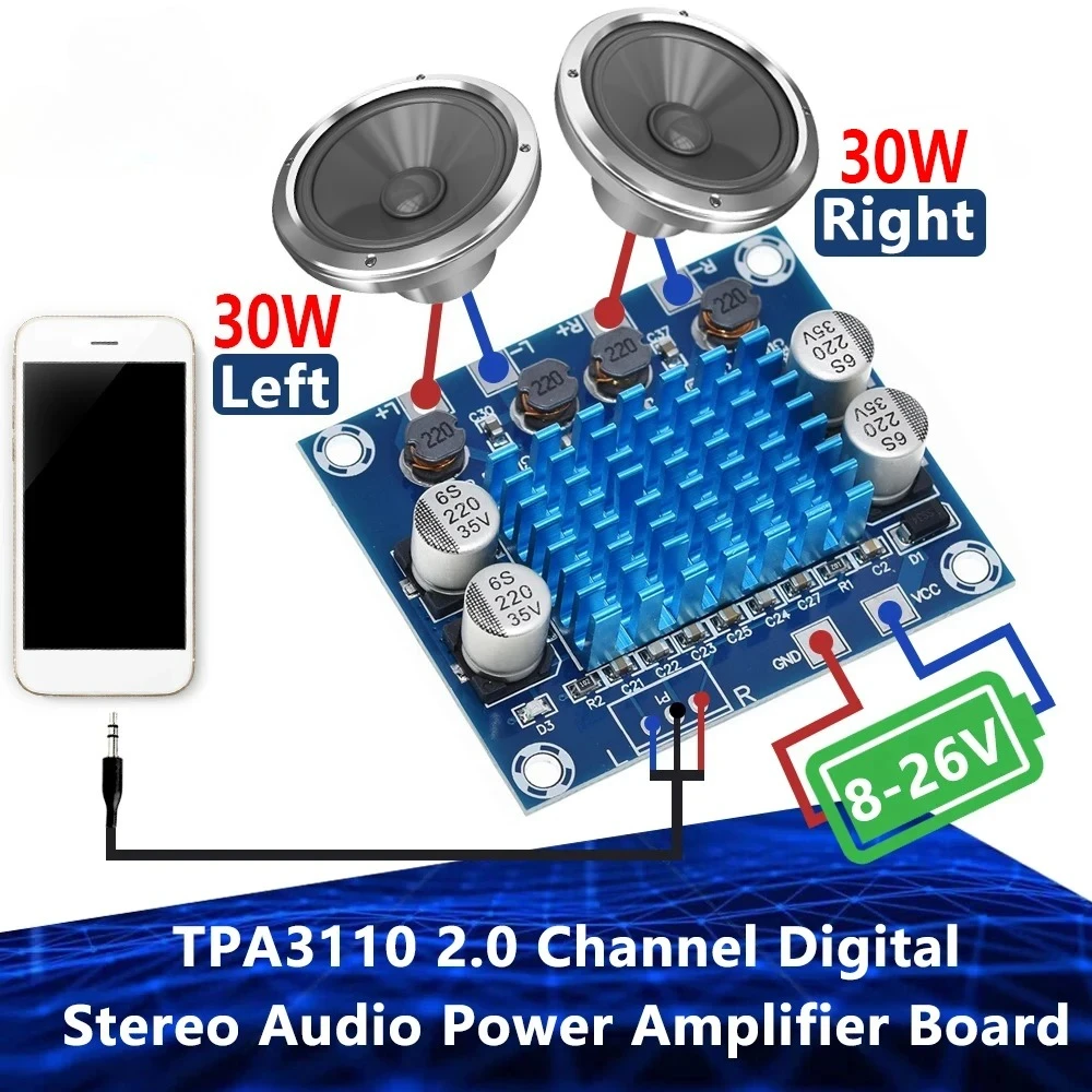 TPA3110 XH-A232 30W+30W 2.0 Channel Digital Stereo Audio Power Amplifier Board DC 8-26V 3A  for Arduino